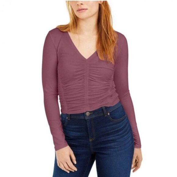 Bar III Tops - Bar III Ruched V-Neck Long Sleeve Top XS Mauve Plum Fitted Stretch Blouse